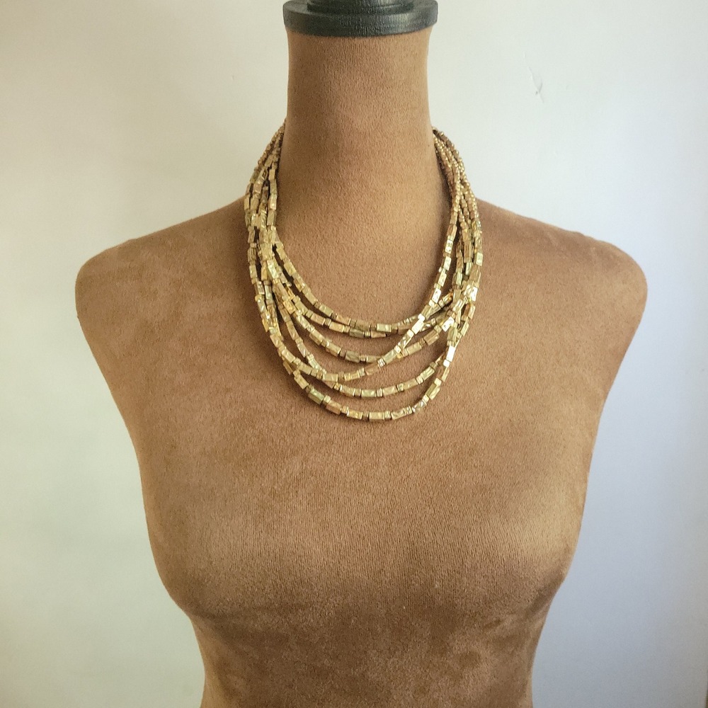 Chicos Gold Multi Strand Textured Bead Layered Statement Necklace Eclectic